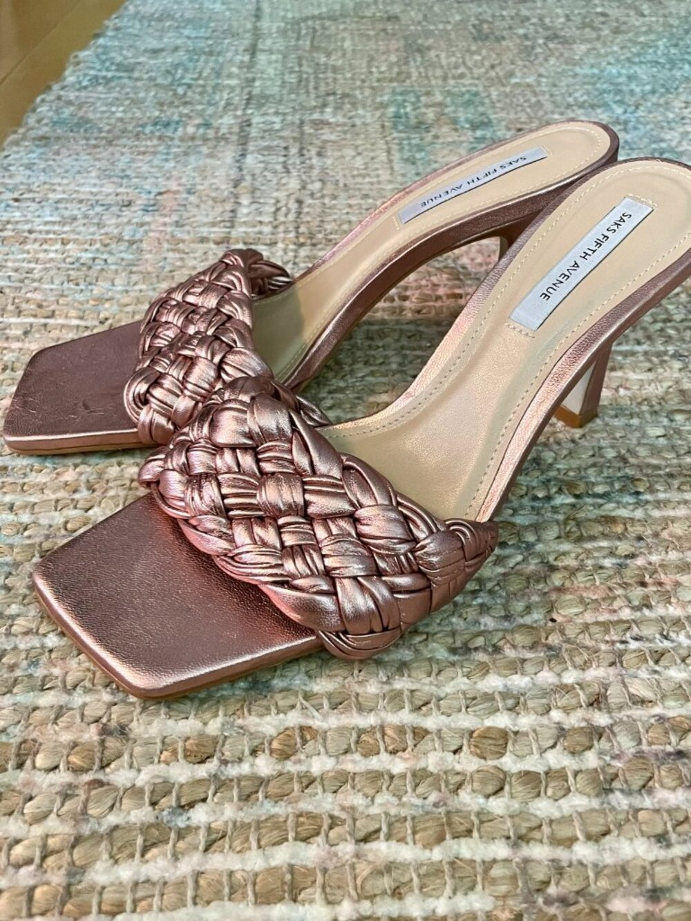 Saks Fifth Avenue Metallic Rose Gold Braided Leather Sandal Heel Slid on Size 9